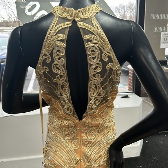 feriani couture 26286 Gold Beaded Long High Neck Mermaid Sleeveless Dress NWT - Picture 7 of 7
